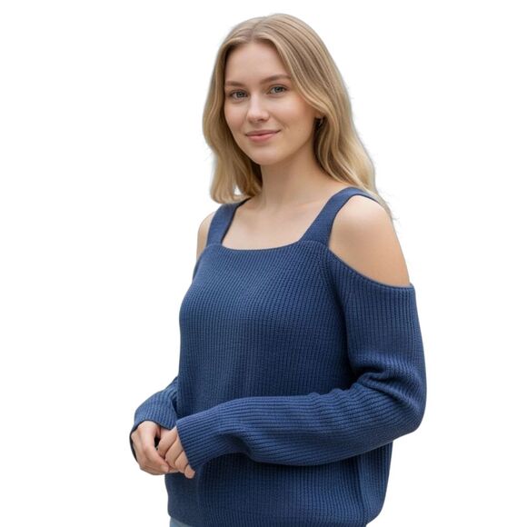 Cold Shoulder Sweater Women Small Blue Off the Shoulder Pullover Oversized Top - Picture 1 of 8
